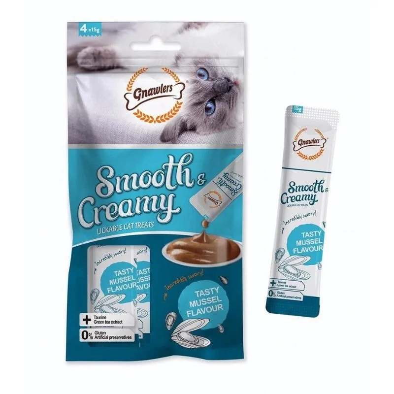    - High-fiber cat food  Gnawlers Creamy Cat Treats - Tasty Mussel Flavour (4 x 15g Pouch)