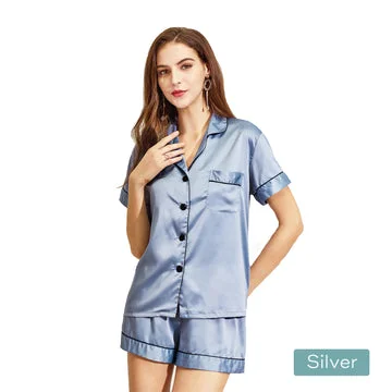 - Dog anti-slip mat2pc satin short women pajamas set medium dusty blue