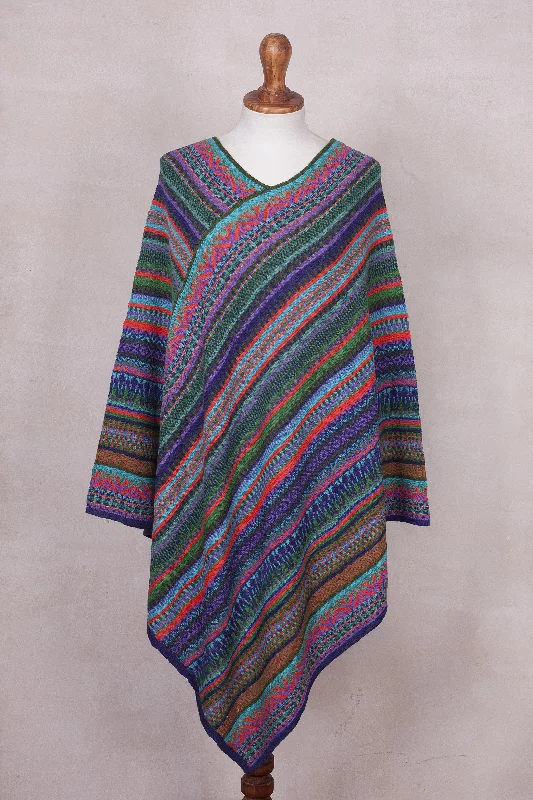 ---Stripes in Bloom Fuchsia and Multi-Color Striped Acrylic Knit Poncho