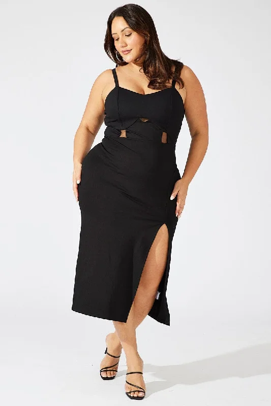 Black Ponte Midi Dress Sheer Panel Waist