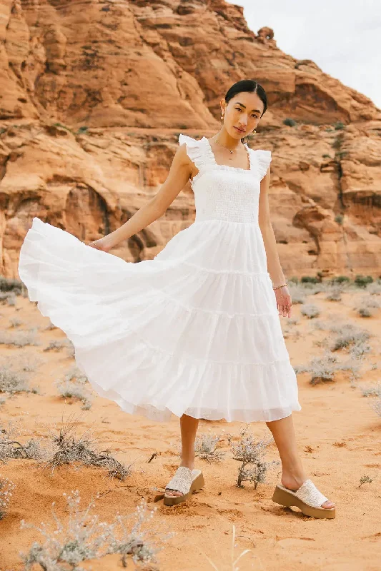 Floral Embroidered Smocked Dress in Cream