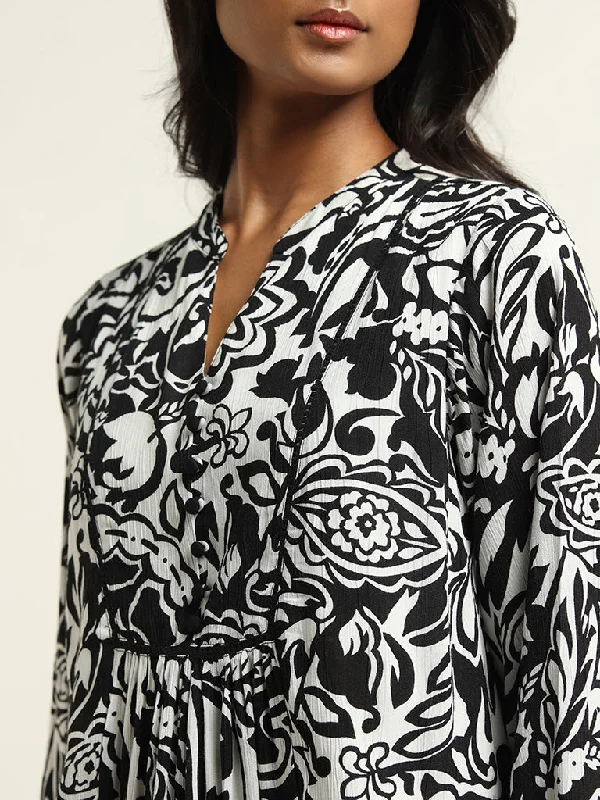 LOV Black and White Printed Cotton A-Line Dress