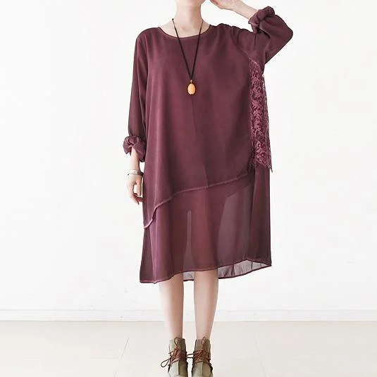 2017 Summer dress layered burgundy chiffon dresses side lace patchwork plus size dresses