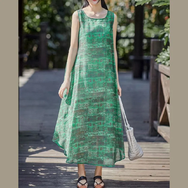 Art o neck sleeveless linen clothes Fashion Ideas green print Dress summer