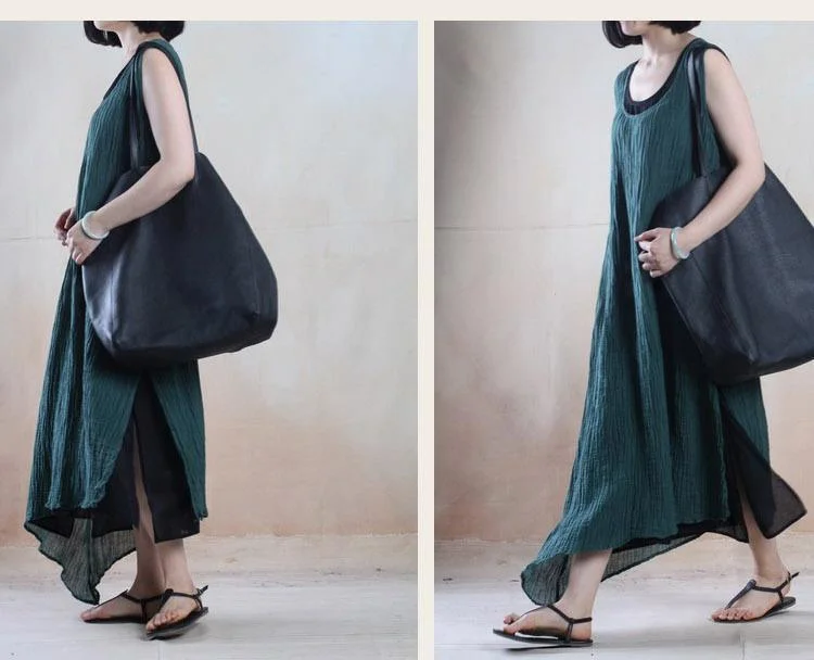 blackish green simple linen maxi sundress long causal gown caftan sleevelss