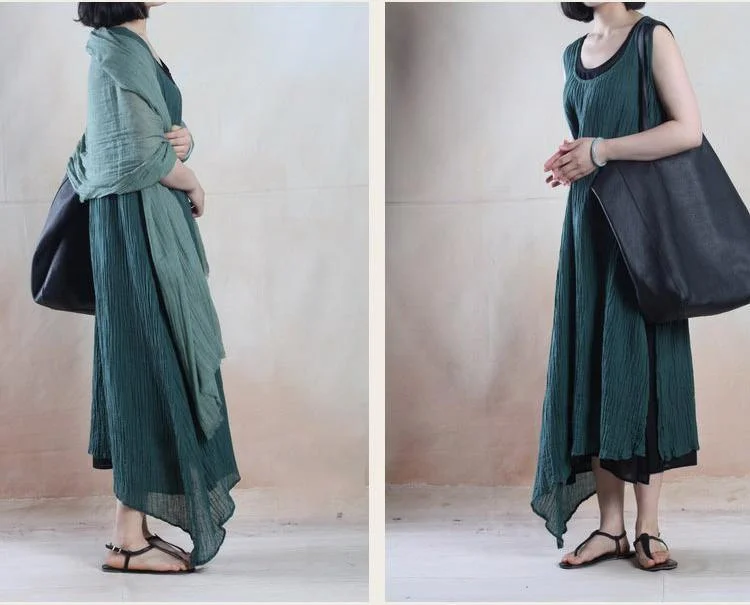 blackish green simple linen maxi sundress long causal gown caftan sleevelss