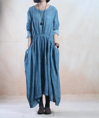 Blue  linen dress spring maxi linen dress caftan