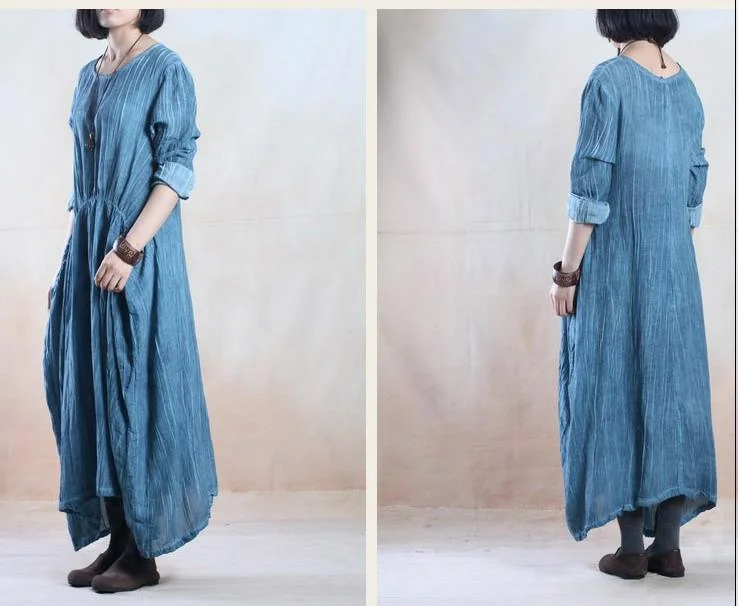 Blue  linen dress spring maxi linen dress caftan