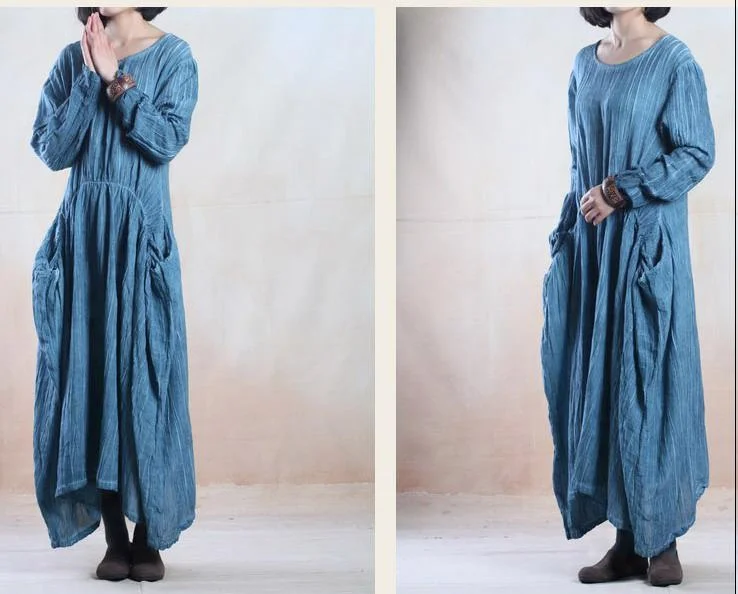 Blue  linen dress spring maxi linen dress caftan