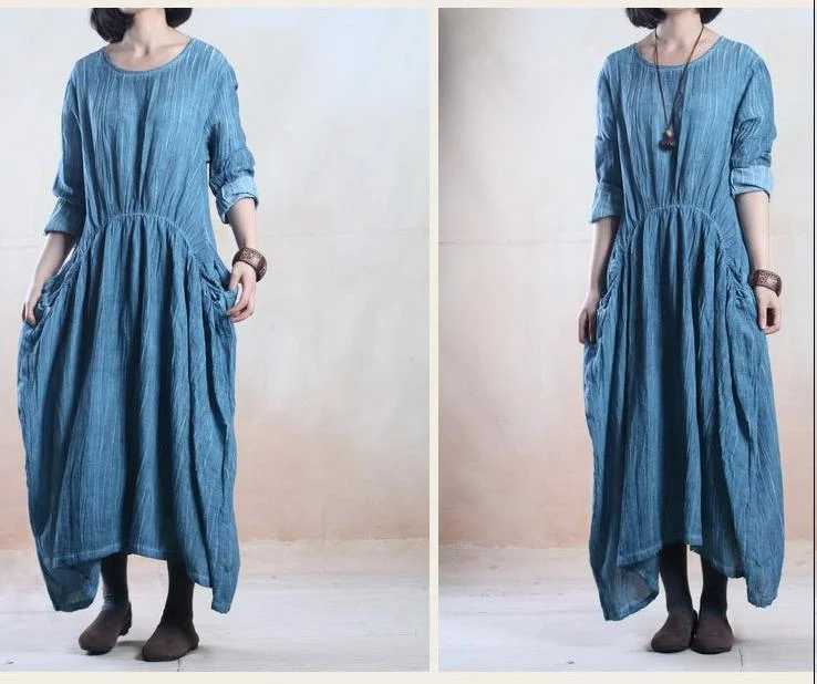 Blue  linen dress spring maxi linen dress caftan