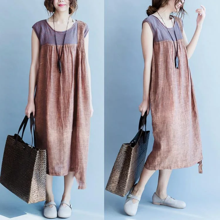 Brown Sleeveless Maxi Dress Casual Linen Loose Sundress Patchwork Women Dress ( Limited Stock)