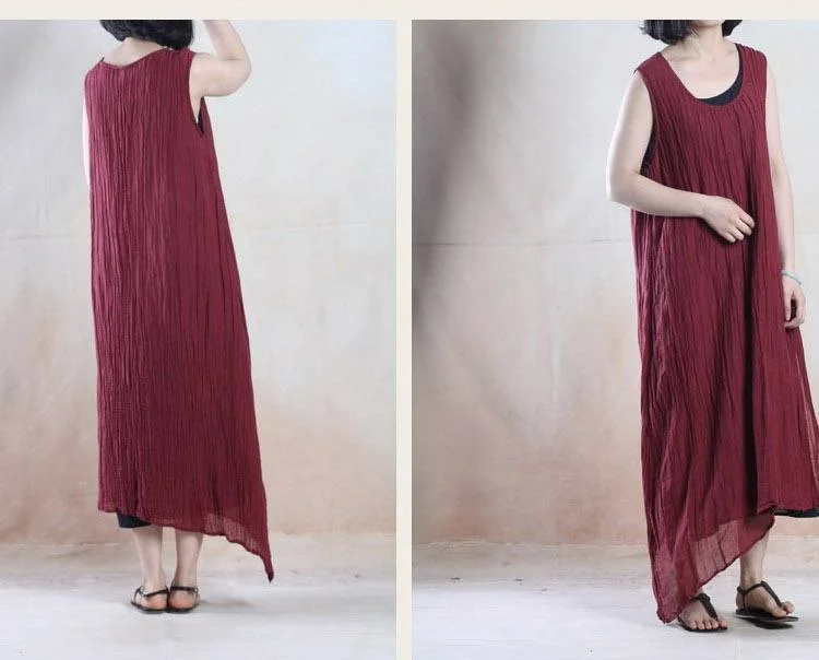 Burgundy linen vestidos linen sundress maxis sleeveless