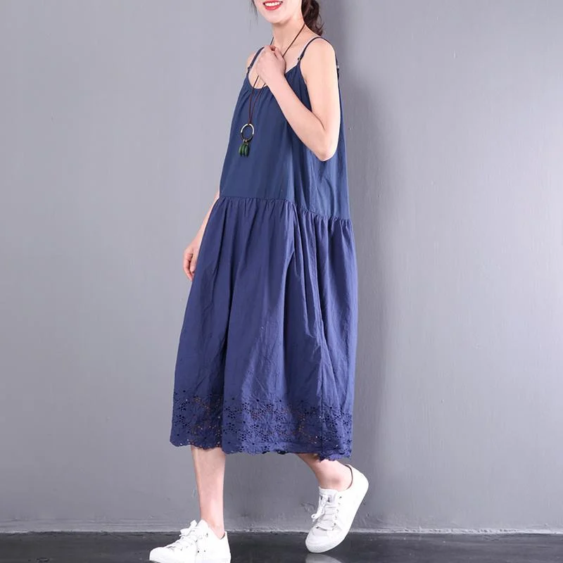 dark blue sleeveless maxi dress o neck women sundresses plus size cotton traveling dresses