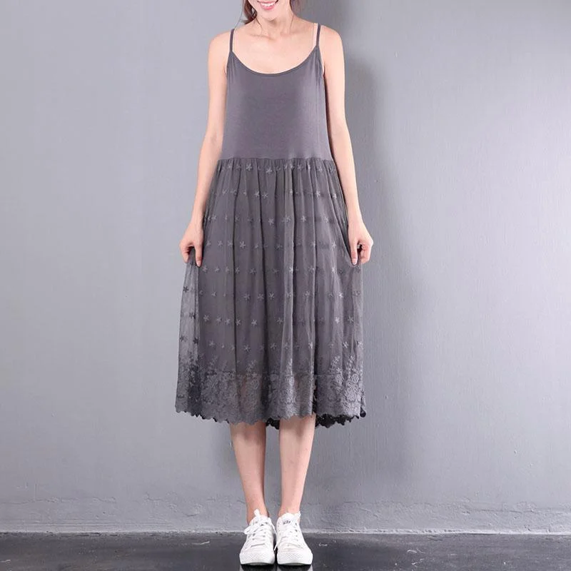 dark gray patchwork cotton sundress oversize casual lace dresses sleeveless layered dresses