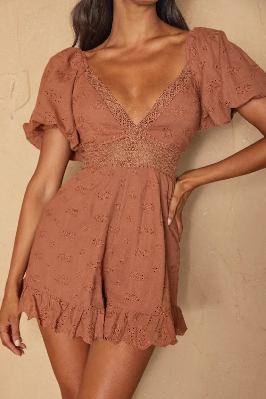 Desert Rose Puff Sleeve Frill Eyelet Romper Rust