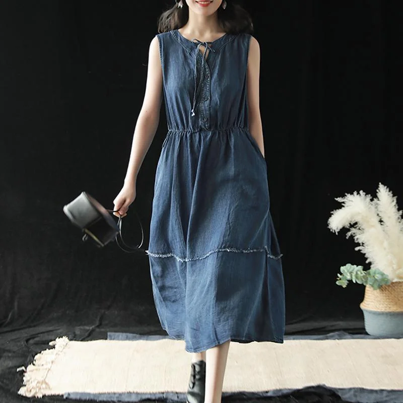 DIY cotton clothes Women Organic Casual Blue Denim Summer Sleeveless Midi Dress