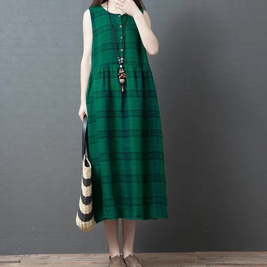 DIY o neck cotton tunics for women design green plaid cotton robes Dress summer