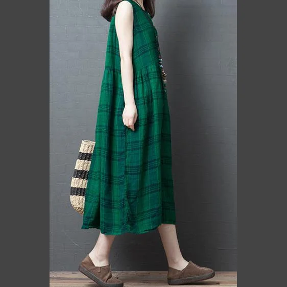 DIY o neck cotton tunics for women design green plaid cotton robes Dress summer