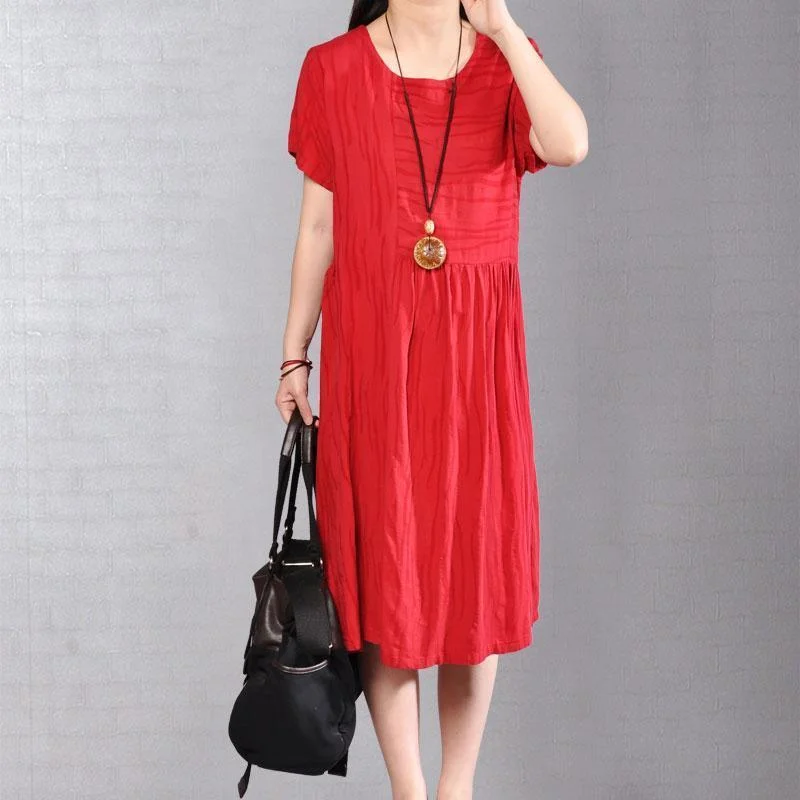 Elegant cotton caftans oversize Women Summer Casual Short Sleeve Red Dress