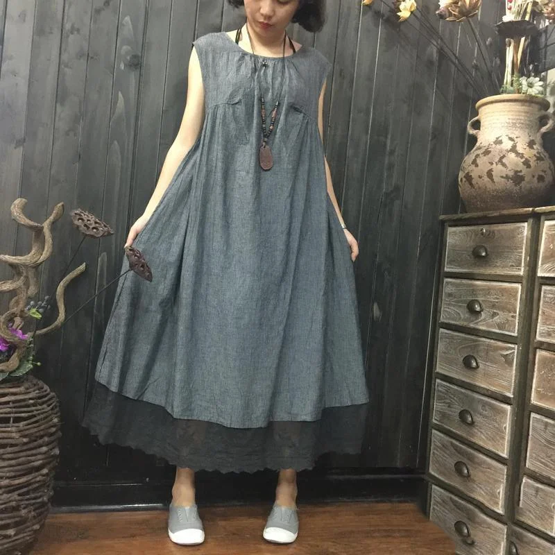 Elegant gray linen shift dress Loose fitting holiday dresses Elegant sleeveless striped linen cotton dress