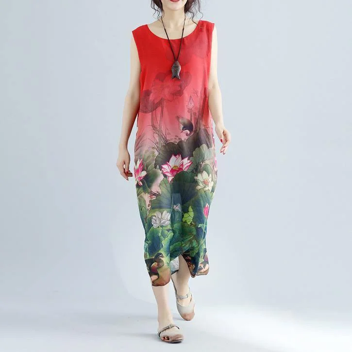 Elegant red floral cotton dress casual sleeveless long cotton dresses top quality side open cotton dress