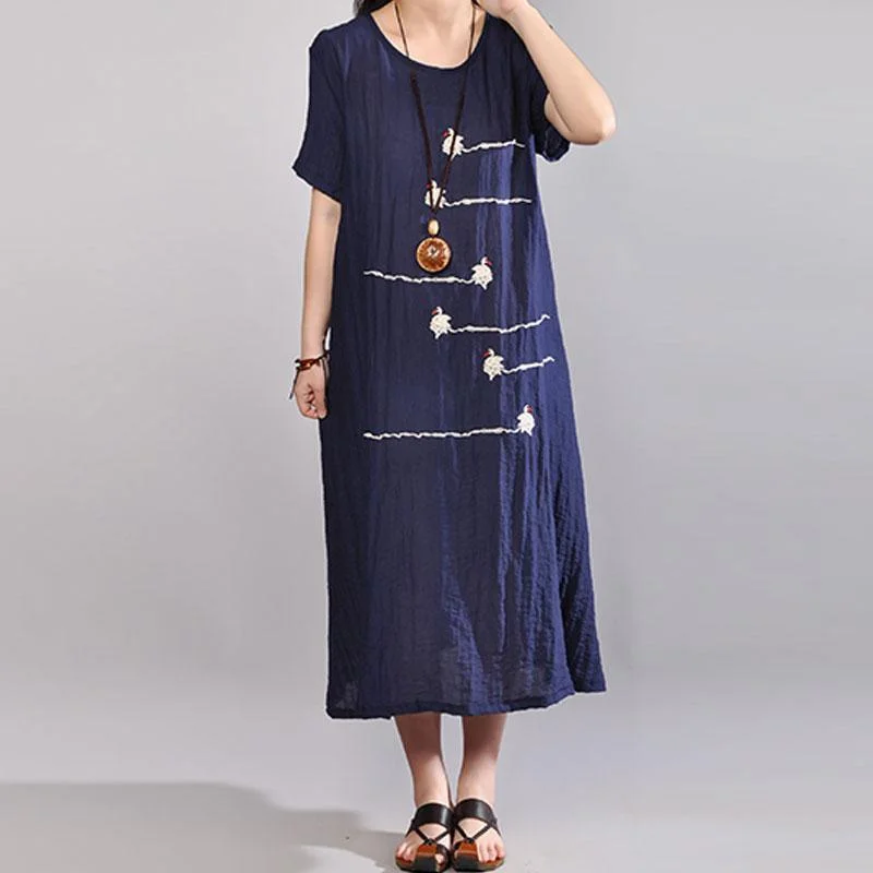 Fine cotton blended sundress Loose fitting Women Summer Short Sleeve Embroidery Navy Blue Dress