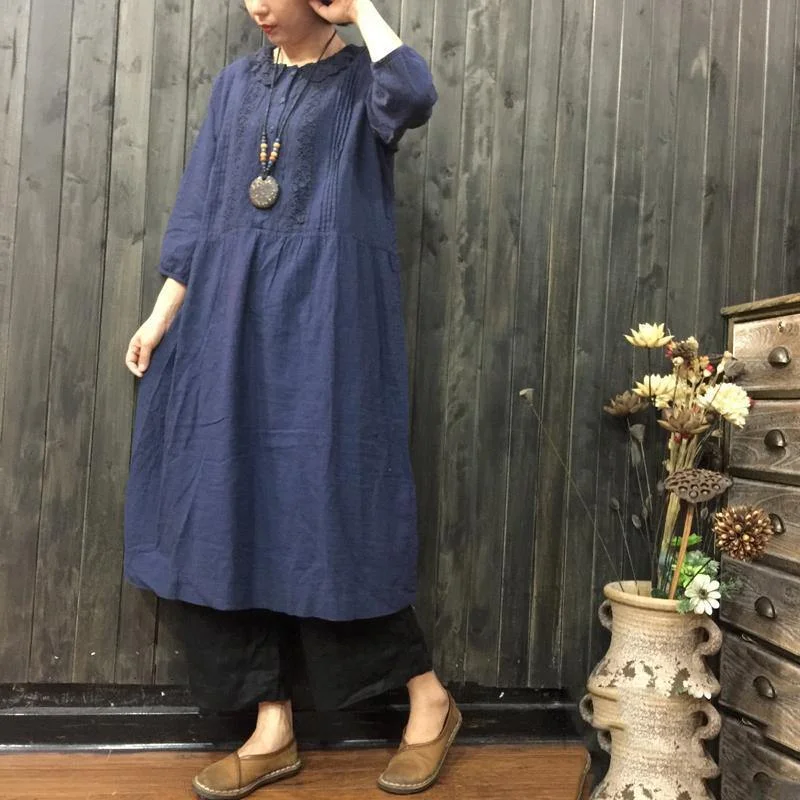 Fine navy linen shift dresses casual linen cotton dress boutique ruffles neck lace hollow out  linen clothing dress