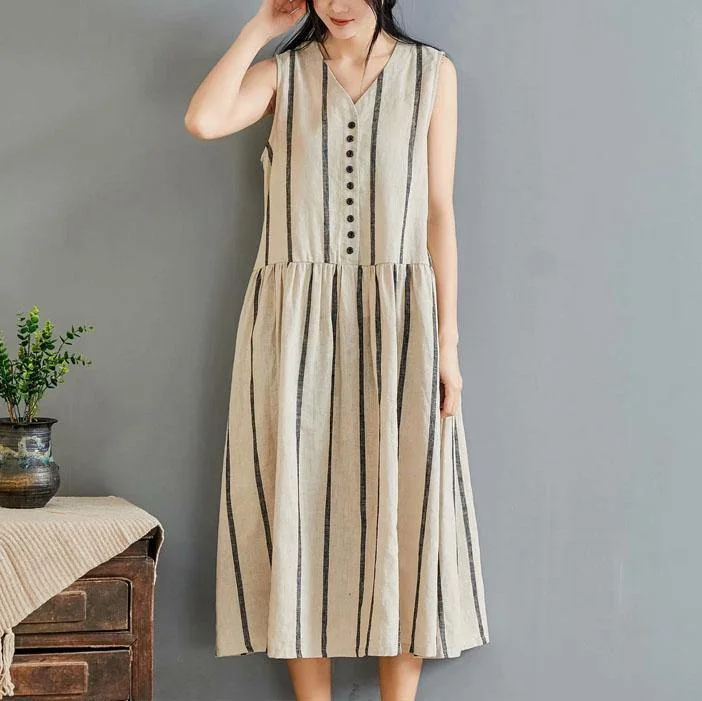 French khaki striped cotton clothes For Women v neck sleeveless long summer Dress