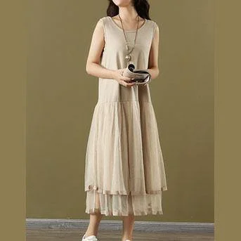 French nude cotton outfit o neck Sleeveless tulle Plus Size  summer Dresses