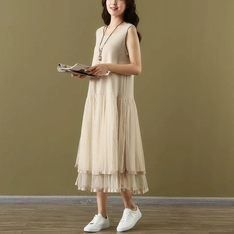 French nude cotton outfit o neck Sleeveless tulle Plus Size  summer Dresses