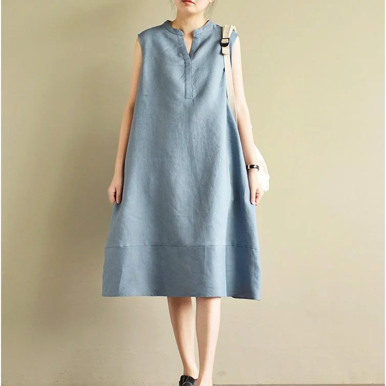 gray blue stylish linen dresses plus size patchwork sundress sleeveless maxi dress