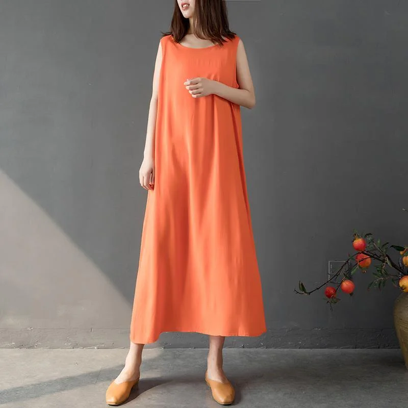 Handmade o neck cotton clothes For Women Shirts orange long Dress summer