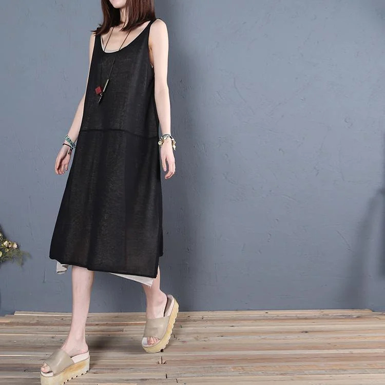 Handmade sleeveless false two pieces silk cotton tunic top Runway black Vestidos De Lino Dress summer