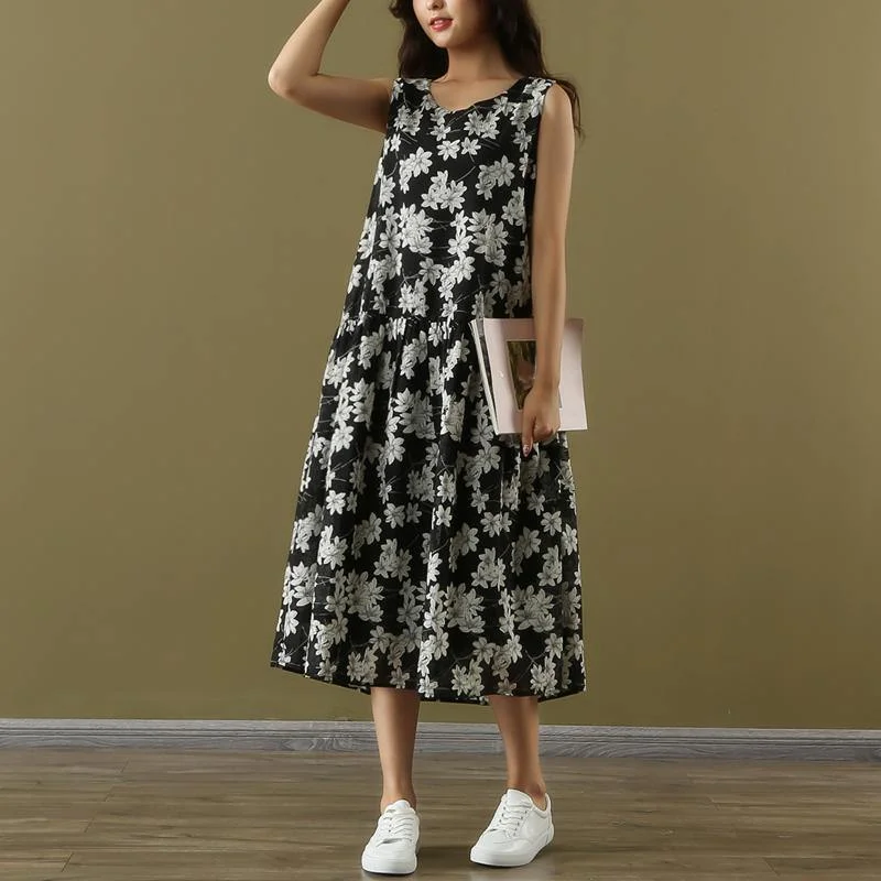 Loose o neck sleeveless chiffon clothes plus size Work black print linen robes Dresses Summer