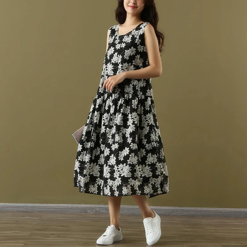 Loose o neck sleeveless chiffon clothes plus size Work black print linen robes Dresses Summer