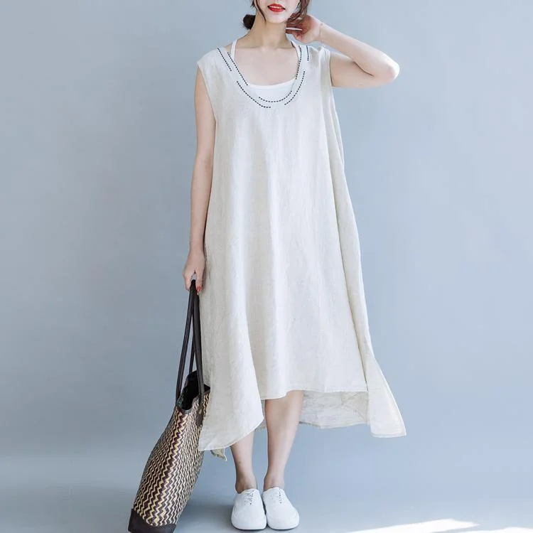 Loose O Neck Sleeveless Cotton Linen Robes Shape Nude Dresses Summer ( Limited Stock)