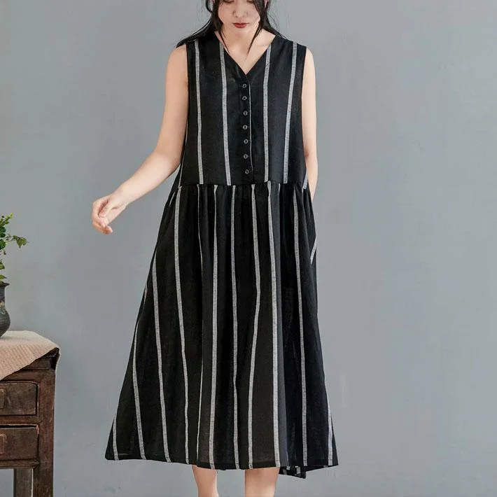 Loose v neck sleeveless linen cotton Wardrobes Sleeve black striped Dress summer