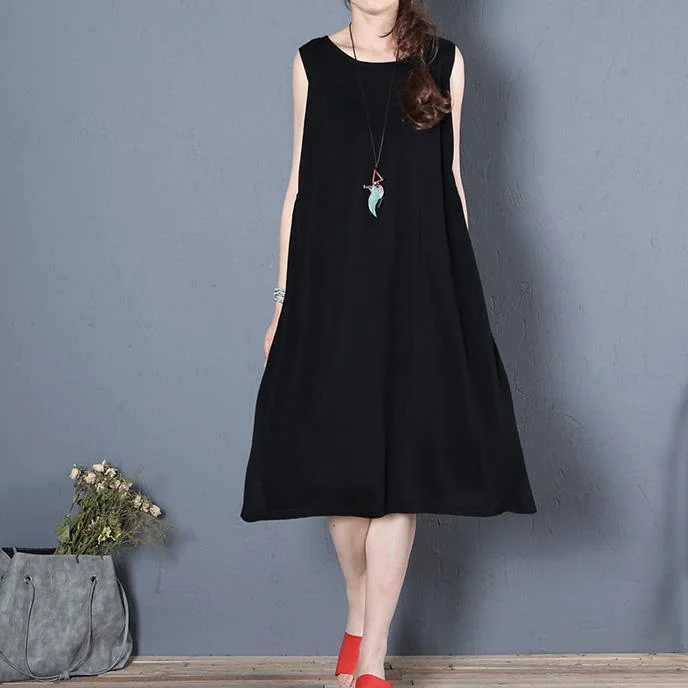 Natural o neck sleeveless linen Robes Wardrobes black Dress summer