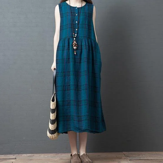 Natural sleeveless cotton dresses Catwalk blue plaid Robe Dresses summer