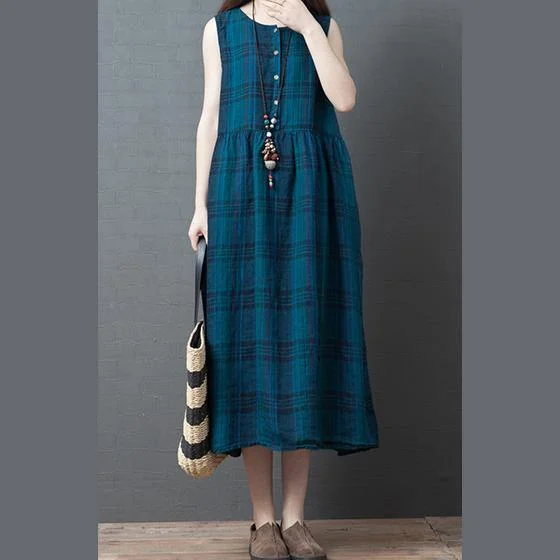 Natural sleeveless cotton dresses Catwalk blue plaid Robe Dresses summer