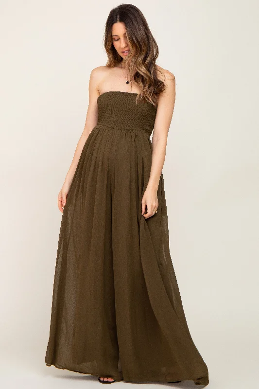 Olive Smocked Strapless Wide Leg Maternity Jumpsuit