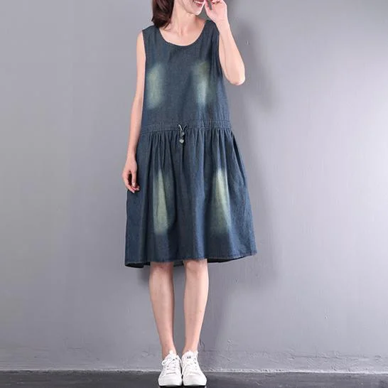 original design blue cotton dresses loose drawstring sundress sleeveless casual dress