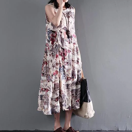 Print floral cotton maxi dress summer sleeveless dresses gown fit flare dress