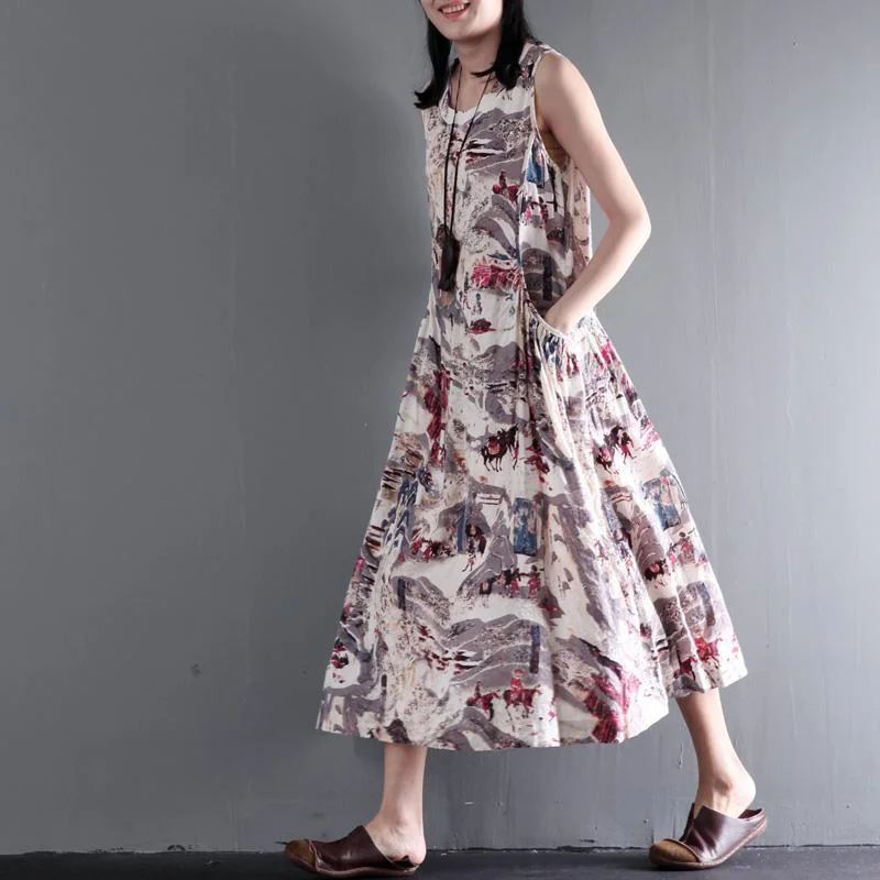 Print floral cotton maxi dress summer sleeveless dresses gown fit flare dress