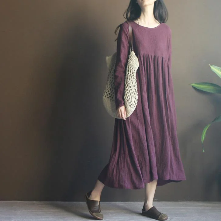 Purple long sleeve linen maxi dress sundresses plus size linen clothing