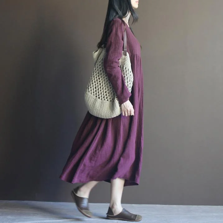 Purple long sleeve linen maxi dress sundresses plus size linen clothing