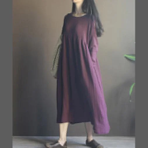 Purple long sleeve linen maxi dress sundresses plus size linen clothing