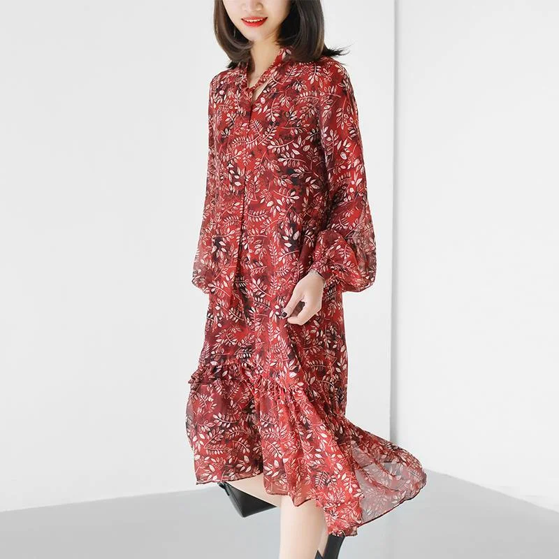 Red leaves print chiffon dresses causal flowy summer dresses loose