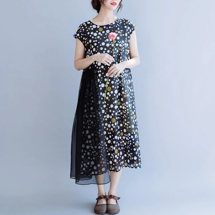 Simple o neck patchwork linen dress Fabrics black dotted Dresses summer