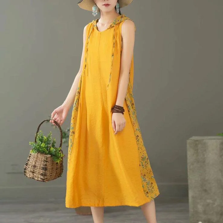 Simple patchwork hooded linen dresses Catwalk yellow Dresses summer